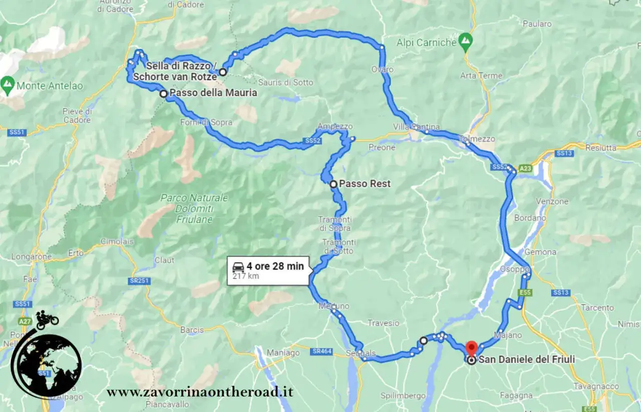 Mappa di un tour in moto che include il Passo della Mauria, con tappe a Sella di Razzo, Forni di Sopra e San Daniele del Friuli.