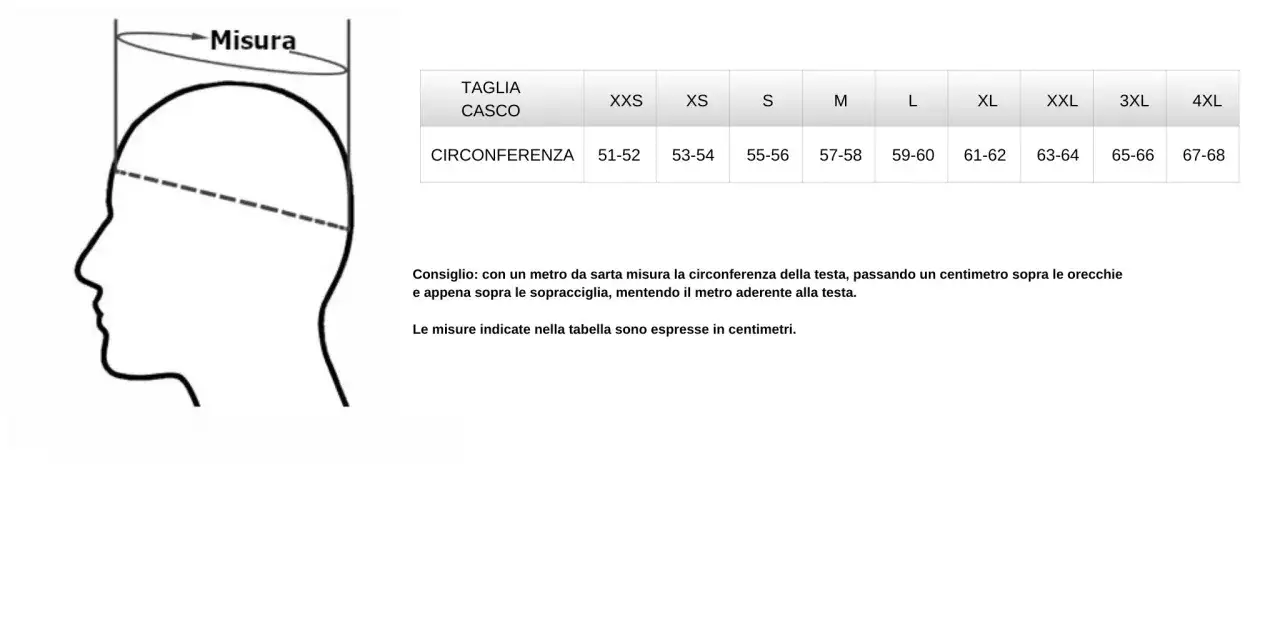 Tabella con misure casco moto e schema per la circonferenza della testa.