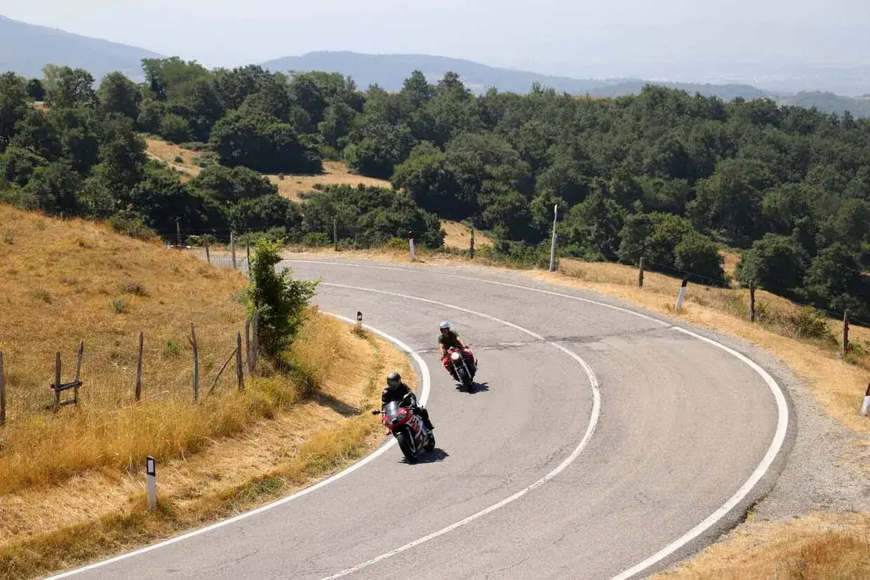 Due motociclisti affrontano una curva su una strada panoramica degli Appennini, immersi nel verde della vegetazione.